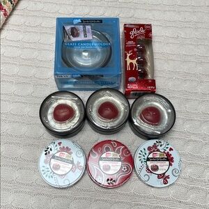 New Glade scented oil candles lot 3 Apple cinnamon tins, glass holder, 4 refills